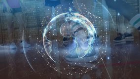 Holographic globe pulsing triggers basketball team doing side lunges and stretches for training. Technology, innovation, teamwork, athleticism, fitness, digital, connectivity - Powered by Shutterstock - Get 15% off with code: PIKWIZARD15