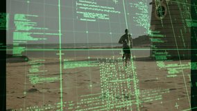 Runner jogging beach passing tower starting tech grid and green code grabbing bottle checking watch. Athlete, digital, futuristic, fitness, outdoor, technology, motion - Powered by Shutterstock - Get 15% off with code: PIKWIZARD15