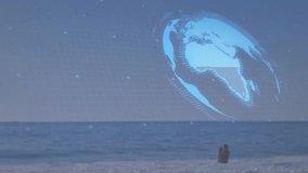 Interface projecting globe over beach tracking health as woman jogging data walking calling device. Futuristic, fitness, technology, ocean, wellness, gesture, innovation - Powered by Shutterstock - Get 15% off with code: PIKWIZARD15