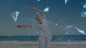 Senior woman lifting arms, causing hologram forming globe, digital hand catching sphere for health. Fitness, mindfulness, technology, innovation, wellness, serenity, futuristic - Powered by Shutterstock - Get 15% off with code: PIKWIZARD15