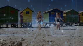 Sibling girls stepping onto beach by huts coordinating jump rope rhythm with animation for fitness. Children, companionship, leisure, vibrant, outdoor, playful, energetic - Powered by Shutterstock - Get 15% off with code: PIKWIZARD15