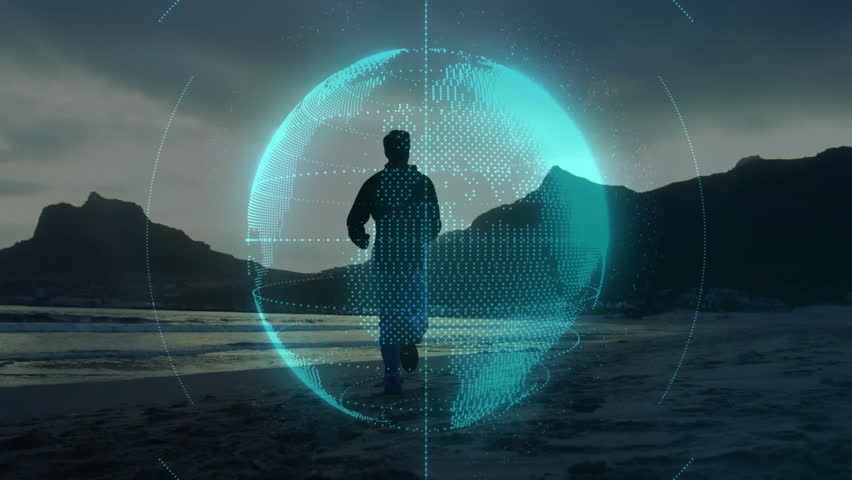 Mature man arriving shoreline and activating rotating holographic globe displaying data insights. Futuristic, innovation, technology, minimalism, digital, contemplation, exploration