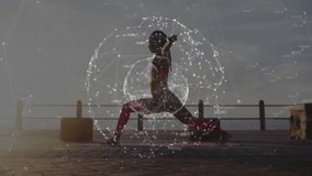 Stepping onto pink mat, woman executing warrior II pose for fitness, with network sphere pulsing. Wellness, meditation, serenity, digital, modern, outdoor, strength - Powered by Shutterstock - Get 15% off with code: PIKWIZARD15