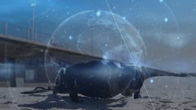 Digital globe stabilizing on beach, fitness trainer doing three push-ups tracking metrics pulsing. Futuristic, energetic, athletic, technology, wellness, recreation, modern - Powered by Shutterstock - Get 15% off with code: PIKWIZARD15