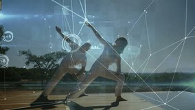 Fitness partners stepping onto deck performing lunge stretch overlay analyzing alignment metrics. Outdoor, wellness, tech, movement, harmony, nature, biomechanics - Powered by Shutterstock - Get 15% off with code: PIKWIZARD15