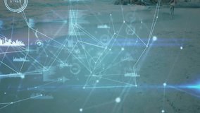 Network overlay appearing on shoreline, woman cyclist pedaling water edge, graphs tracking movement. Futuristic, technology, outdoor, mobility, innovation, scenic, data visualization - Powered by Shutterstock - Get 15% off with code: PIKWIZARD15