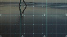 Woman entering from left walking spinning on wet sand at sunset with digital grid measuring motion. Serenity, elegance, reflection, movement, mindfulness, tranquility, harmony - Powered by Shutterstock - Get 15% off with code: PIKWIZARD15