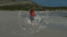 Female walking barefoot on beach initiating tech network forming around body syncing with movement. Futuristic, digital, holographic, immersive, serene, technology, cybernetic - Powered by Shutterstock - Get 15% off with code: PIKWIZARD15