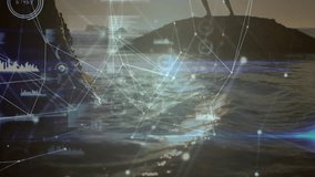 Woman stepping onto rock and activating health tech overlay for balance testing with data nodes. Coast, silhouette, digital, connectivity, resilience, minimalist, fitness - Powered by Shutterstock - Get 15% off with code: PIKWIZARD15