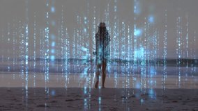 Female surfer holding surfboard at dusk sparking tech streams cascading into glowing key outline. Technology, digital, futuristic, innovation, ocean, adventure, exploration - Powered by Shutterstock - Get 15% off with code: PIKWIZARD15