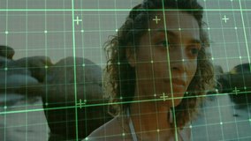 Green grid sweeping scene scanning woman wearing white bikini top showing shoreline technology demo. Futuristic, technology, digital, surveillance, coastal, sunset, serenity - Powered by Shutterstock - Get 15% off with code: PIKWIZARD15