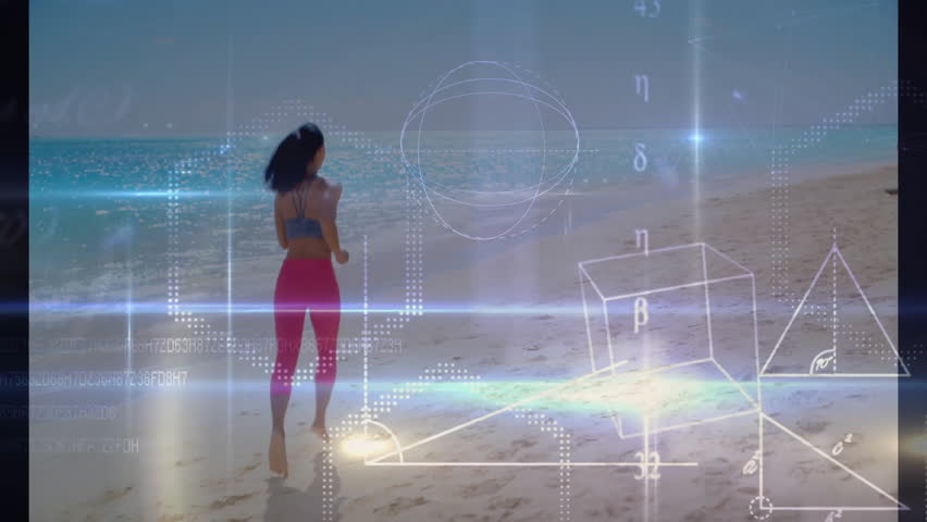 Female athlete starting run on sandy beach, using holographic overlays analyzing fitness metrics. Sportswear, digital interface, ocean, fitness, technology, outdoor, endurance - Powered by Shutterstock - Get 15% off with code: PIKWIZARD15