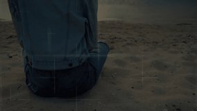 Camera pulling back over sandy shore while sitting woman viewing HUD graphics showing AR interface. Beach, serenity, technology, digital, horizon, sunset, landscape - Powered by Shutterstock - Get 15% off with code: PIKWIZARD15