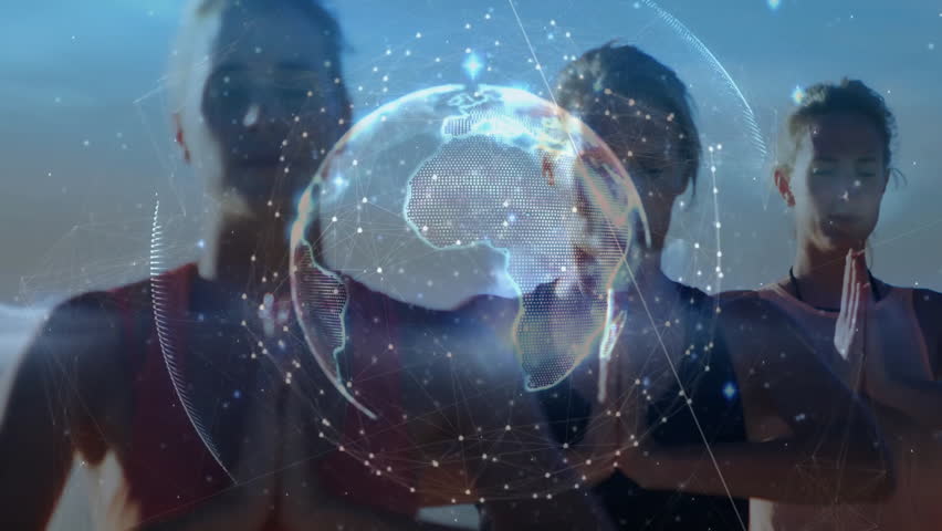 Globe rotating above women meditating on beach while nodes pulsing for wellness then opening eyes. Digital, global, connectivity, harmony, serenity, spirituality, mindfulness - Powered by Shutterstock - Get 15% off with code: PIKWIZARD15