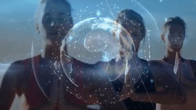 Globe rotating above women meditating on beach while nodes pulsing for wellness then opening eyes. Digital, global, connectivity, harmony, serenity, spirituality, mindfulness - Powered by Shutterstock - Get 15% off with code: PIKWIZARD15