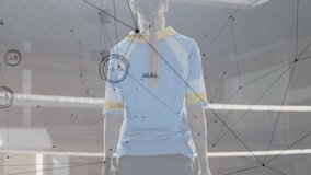 Female athlete raising arms under net as tech overlay fading in attaching nodes for analysis. Sports, technology, data visualization, performance, digital, fitness, arena - Powered by Shutterstock - Get 15% off with code: PIKWIZARD15