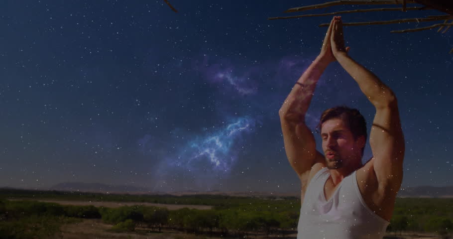 Galaxy forming initiating man lowering hands under awning and lens flare sliding, boosting health. Spirituality, meditation, serenity, enlightenment, cosmic, introspection, mindfulness