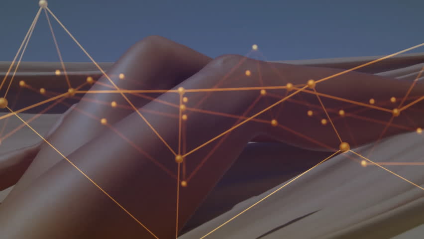 Model reclining on lounger starting tech overlay tracing while adjusting strap for contour showcase. Digital, futurism, elegance, relaxation, minimalism, fashion, innovation