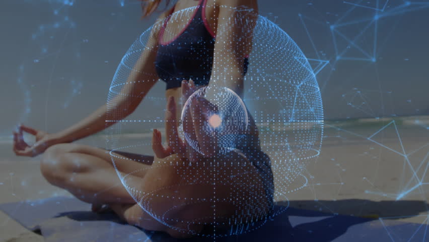 Meditator in lotus on beach, rising globe initiating technology network rings pulsing around torso. Spirituality, tranquility, digital, futuristic, mindfulness, harmony, wellness