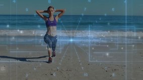 Woman lunging forward triggers animated numeric grid overlay for fitness tracking on beach. Athletic, wellness, digital, fitness, outdoor, modern, training - Powered by Shutterstock - Get 15% off with code: PIKWIZARD15