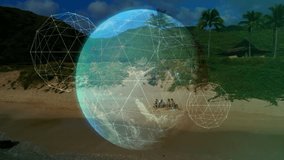 Ocean wave rolling onto sunlit beach brightening digital globe as code blocks stacking near friends. Tropical, technology, connectivity, leisure, vibrant, collaboration, innovation - Powered by Shutterstock - Get 15% off with code: PIKWIZARD15