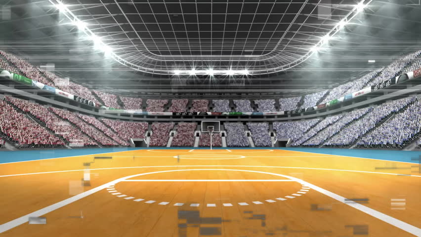 Basketball court in arena after pause spawning glitches appearing, drifting and fading repeatedly. Stadium, sport, digital, futuristic, vibrant, energetic, entertainment