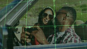 Man holding smartphone and leaning toward woman in convertible car, sharing laugh over technology. Technology, connection, intimacy, outdoor, candid, scenic, leisure - Powered by Shutterstock - Get 15% off with code: PIKWIZARD15