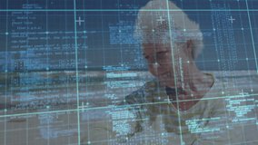 Senior woman standing on shore watching code overlay forming tech interface analyzing ocean data. Futuristic, contemplative, digital, tranquil, innovative, reflective, layered - Powered by Shutterstock - Get 15% off with code: PIKWIZARD15