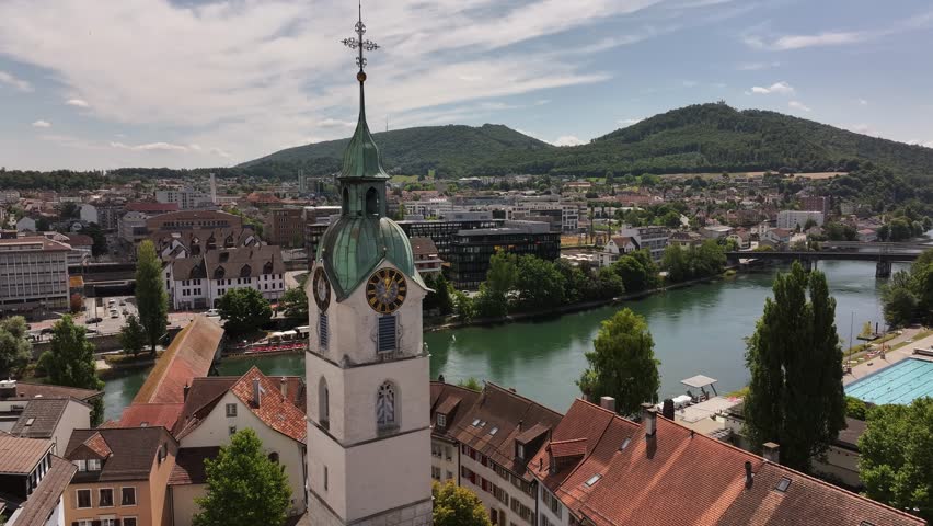 Aerial view of Olten, Switzerland with historic buildings and river