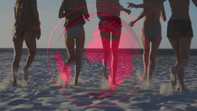 Five women appearing at shore and starting running for fitness with transparent red globe overlay. Group, women, beach, running, fitness, camaraderie, summer - Powered by Shutterstock - Get 15% off with code: PIKWIZARD15