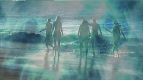 Five friends walking into surf at shore for travel ad wave lifting legs causing balancing reactions. Beach, friendship, adventure, vitality, leisure, serenity, outdoor - Powered by Shutterstock - Get 15% off with code: PIKWIZARD15