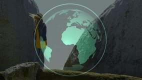 Female hiker stepping through canyon gap and using rotating technology globe overlay for mapping. Adventure, exploration, digital, technology, nature, travel, discovery - Powered by Shutterstock - Get 15% off with code: PIKWIZARD15