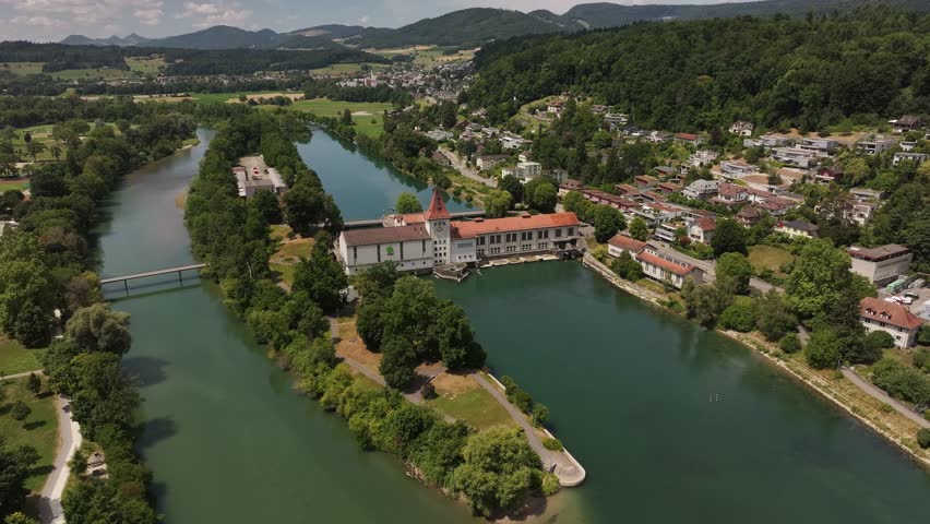 Aerial view of Aarau, Switzerland with rivers and lush greenery
