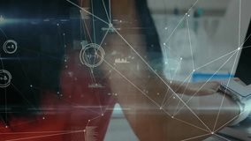 Typing on laptop in tech workspace, network lines and data nodes growing as woman analyzing metrics. Technology, innovation, connectivity, digital, futuristic, workspace, analytics - Powered by Shutterstock - Get 15% off with code: PIKWIZARD15