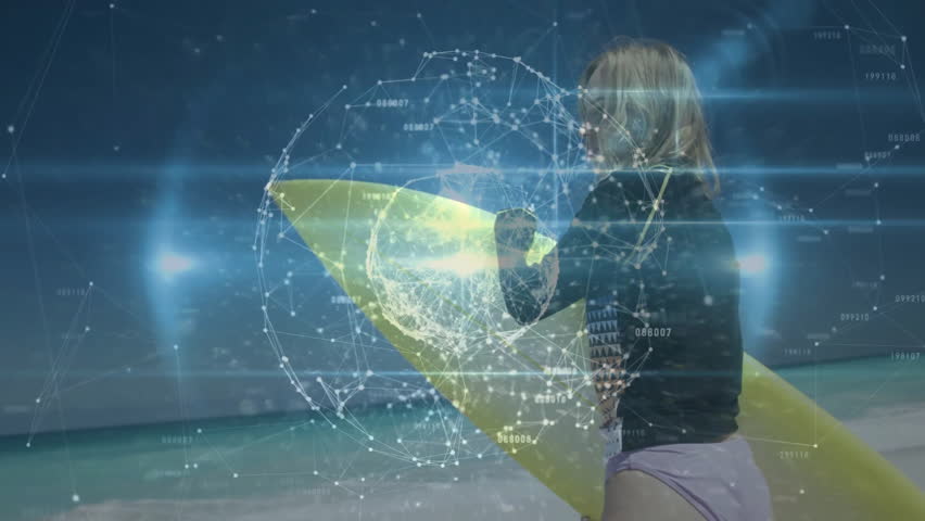 Upon arriving beach with yellow surfboard, female surfer tracing tech globe to analyze data. Futuristic, innovation, connectivity, technology, outdoor, serene, exploration