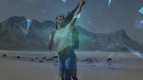 Couple spinning on beach, creating blue network lines and 3D globe symbolizing tech connectivity. Romantic, unity, futuristic, digital, scenic, vibrant, innovation - Powered by Shutterstock - Get 15% off with code: PIKWIZARD15