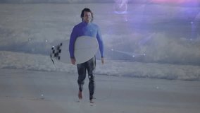 Surfer walking along shore and sparking digital visuals merging beach into tech interface. Arctic, futuristic, cinematic, technology, abstraction, innovation, adventure - Powered by Shutterstock - Get 15% off with code: PIKWIZARD15
