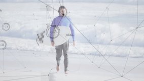 Clip opening showing surfer holding board walking shore generating animated network HUD overlay. Surfing, ocean, technology, digital interface, adventure, coastal, sportswear - Powered by Shutterstock - Get 15% off with code: PIKWIZARD15