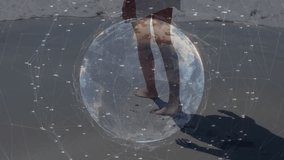 Walking legs starting digital sphere overlaying network nodes, rotating Earth map visualizing data. Minimalist, futuristic, technology, connectivity, nature, serenity, innovation - Powered by Shutterstock - Get 15% off with code: PIKWIZARD15