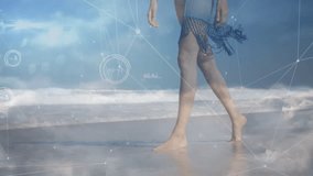 Woman stepping into shallow seawater at beach edge activating technology overlay sand step charts. Beach, shoreline, digital interface, data visualization, wellness, serenity, minimalism - Powered by Shutterstock - Get 15% off with code: PIKWIZARD15