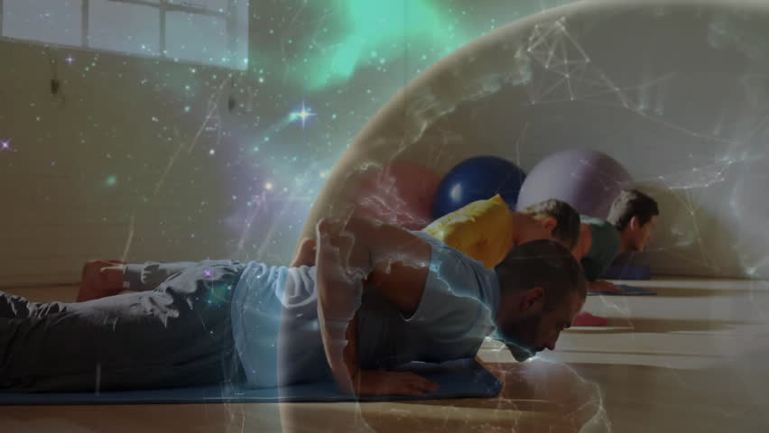 Instructor cueing man pressing palms, lifting upward-facing dog as cosmic orb expanding for yoga. Meditation, mindfulness, spirituality, wellness, harmony, enlightenment, ethereal