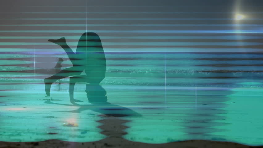 Glitch drifting over dusk beach, yoga instructor holding headstand on wet sand beside waves. Coastal, serenity, digital, abstraction, fitness, wellness, reflective