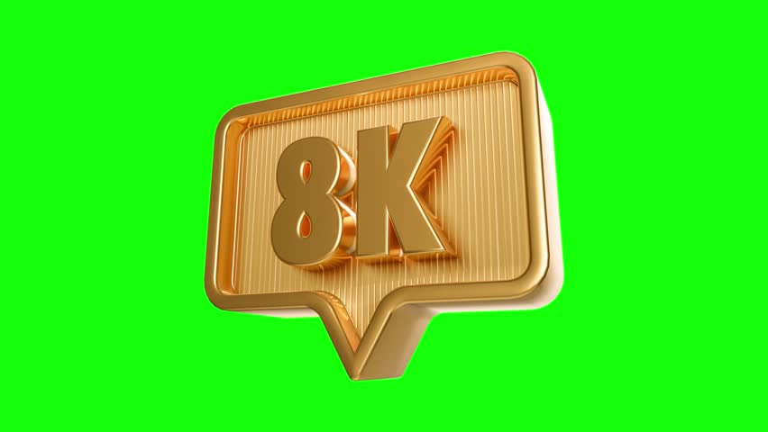 8K Golden Badge of Recognition: A radiant, golden 8K badge, presented in a speech bubble format, floats against a verdant green backdrop. Perfect for representing achievements in digital media.