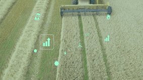 Drone shot overhead combine harvester cutting wheat while AR icons monitoring environmental data. Agriculture, sustainability, precision farming, digital technology, environmental impact, crop - Powered by Shutterstock - Get 15% off with code: PIKWIZARD15