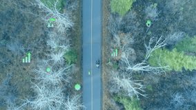 Teenage cyclists pedaling forward and initiating green CO₂, leaf and chart icons around forest road. Sustainability, environment, eco, outdoor, technology, recreation, youth - Powered by Shutterstock - Get 15% off with code: PIKWIZARD15