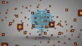 Icons appearing around blue 3D brain rotating while connector lines flashing for data visualization. Technology, innovation, connectivity, neural network, digital, data visualization, cyber - Powered by Shutterstock - Get 15% off with code: PIKWIZARD15