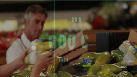 Grocery staff grabbing fruit from box to stock bins while bar and line graphs animating scene. Retail, inventory, teamwork, data, analytics, supervision, commercial - Powered by Shutterstock - Get 15% off with code: PIKWIZARD15