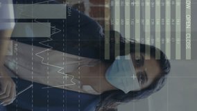 Animation of financial data processing over businesswoman wearing face mask. global business, finances, connections and digital interface during covid 19 pandemic concept digitally generated video. - Powered by Shutterstock - Get 15% off with code: PIKWIZARD15
