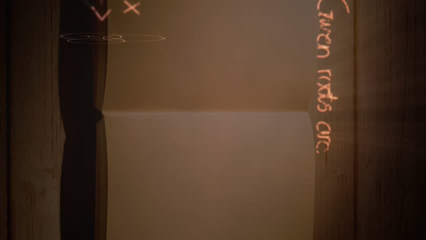 Digital animation of mathematical equations and figures moving in the screen while background shows an open notebook with blank pages on top of a wooden table - Powered by Shutterstock - Get 15% off with code: PIKWIZARD15