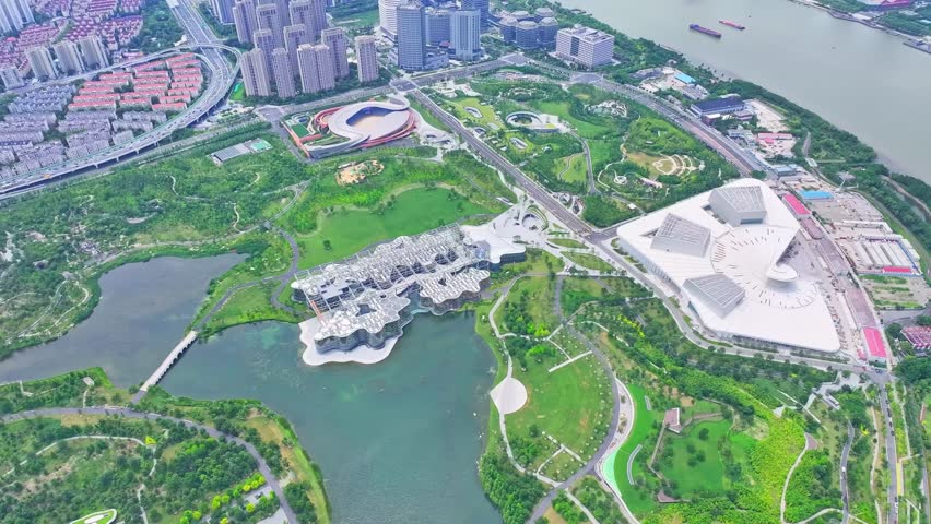 Shanghai, China - 21st June 2025 - Overlooking Shanghai Houtan Park and Shanghai Expo Culture Park